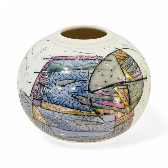 Signed Kirk Freeman Polychrome Ceramic Vase Studio Art Pottery Post-Modern 7"x5" - Picture 1 of 11